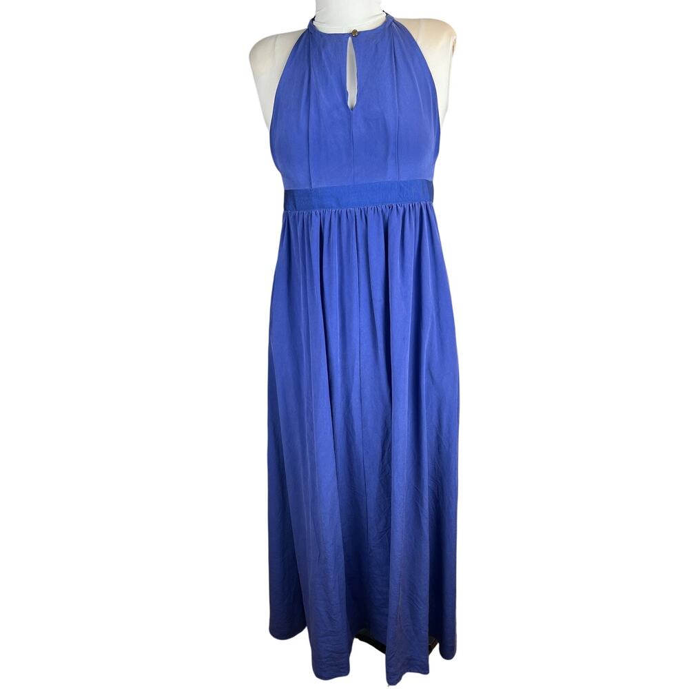Juicy Couture 100% Silk Cobalt Blue Halter Maxi Dress Size 0 Keyhole Back